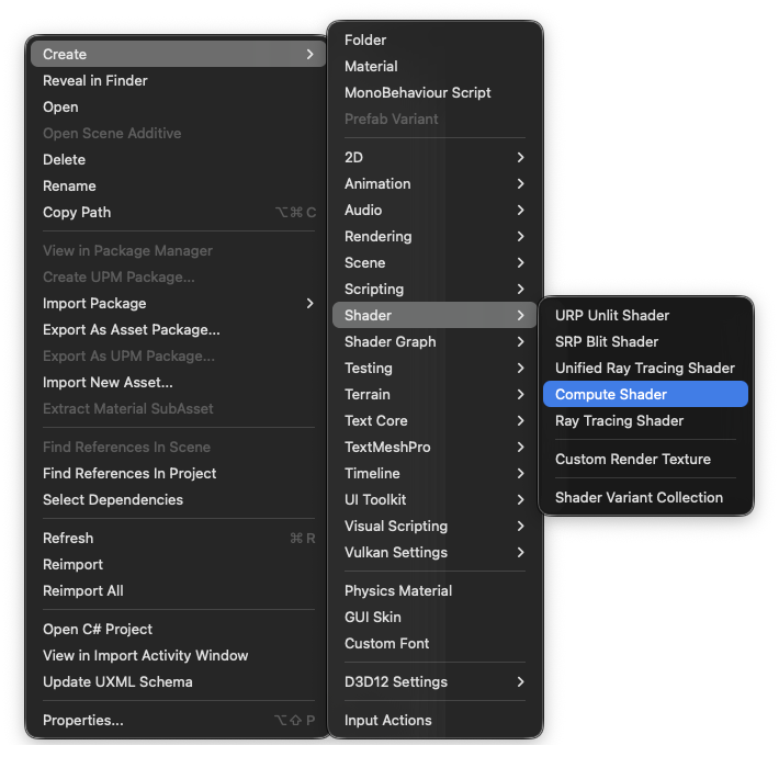 Create a new Compute Shader file via Create->Shader->Compute Shader